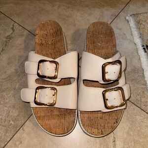 River Island Cream Platform Sandals with Gold Buckles